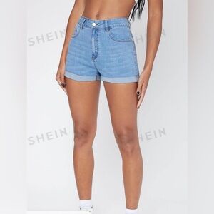 SHIEN Essnce Zipper Fly Cuffed Hem Denim Shorts